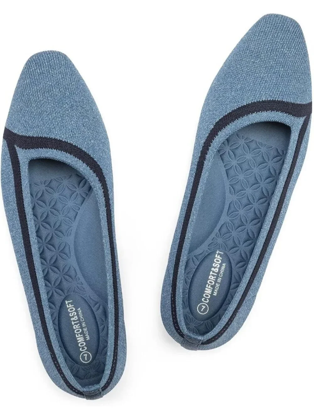 Frank Mully Women's Blue Rubber Knitted Square Toe Comfortable Slip On Flats